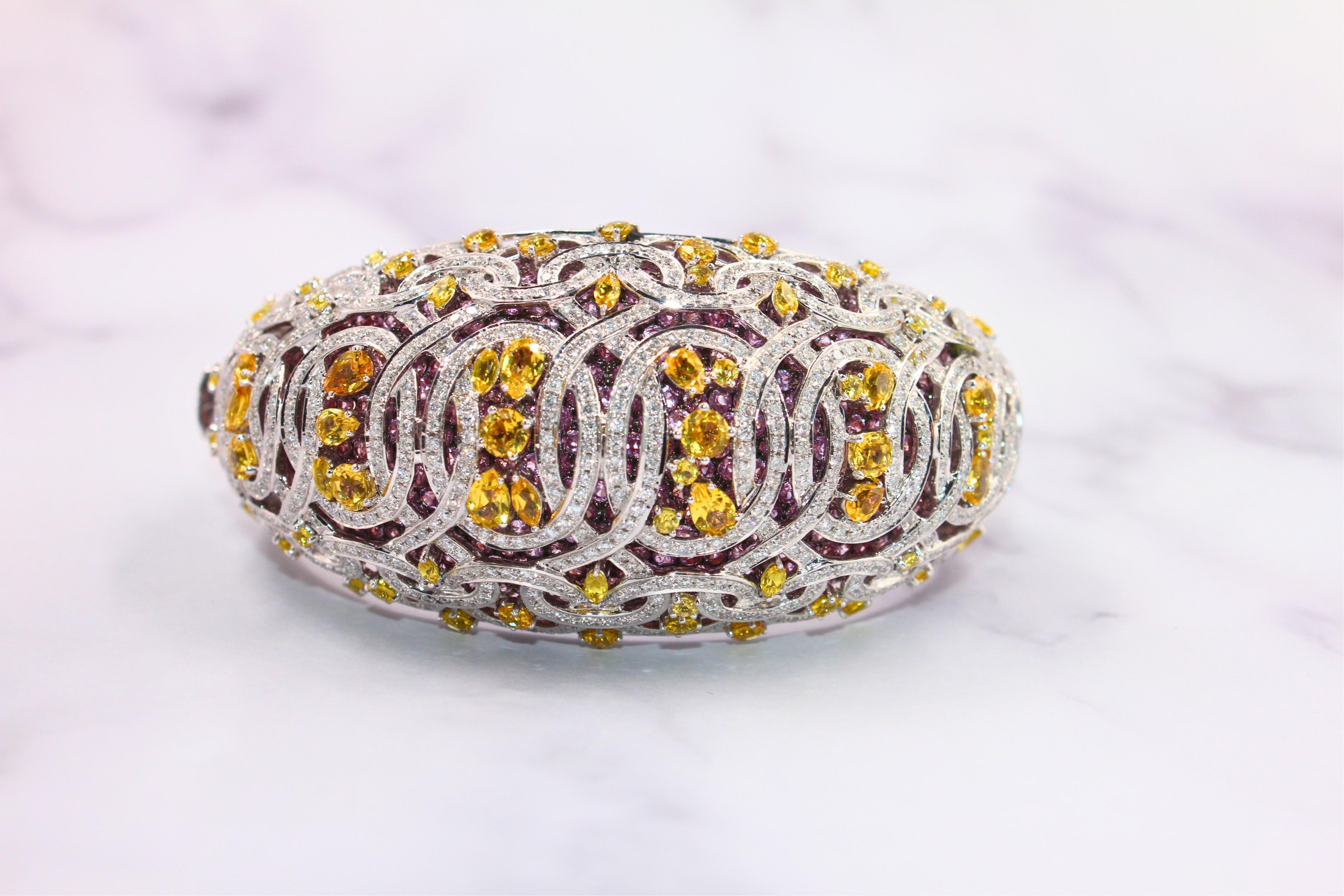 Chunky Unique Yellow &amp; Pink Sapphire Pave Diamond 18k White Rose Bangle Bracelet