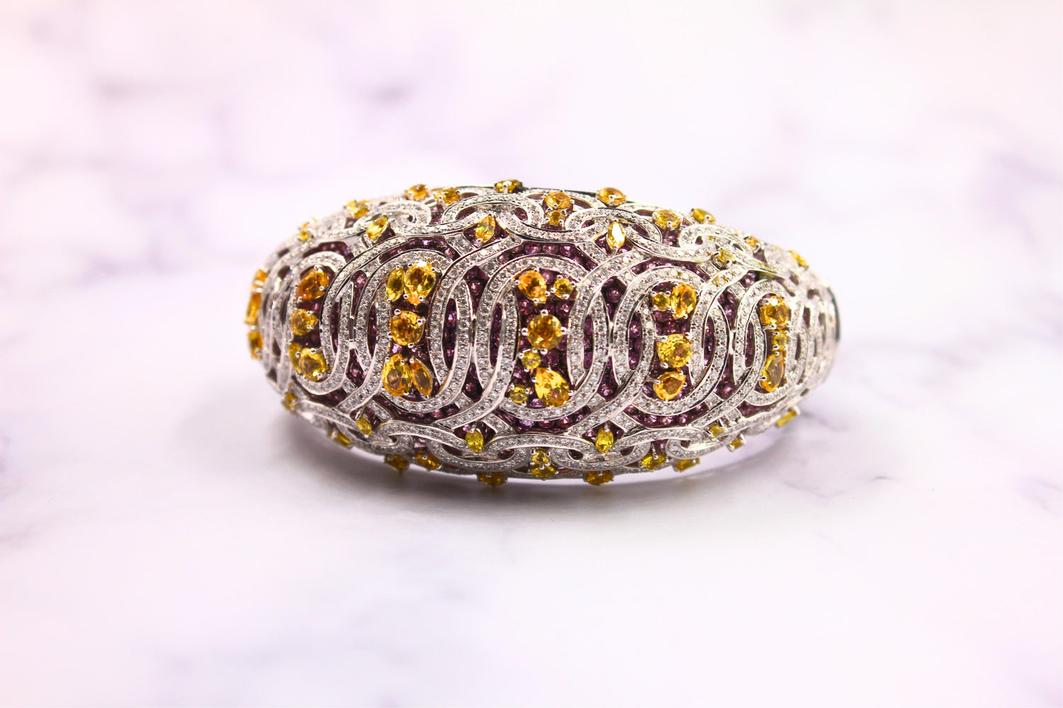 Chunky Unique Yellow &amp; Pink Sapphire Pave Diamond 18k White Rose Bangle Bracelet
