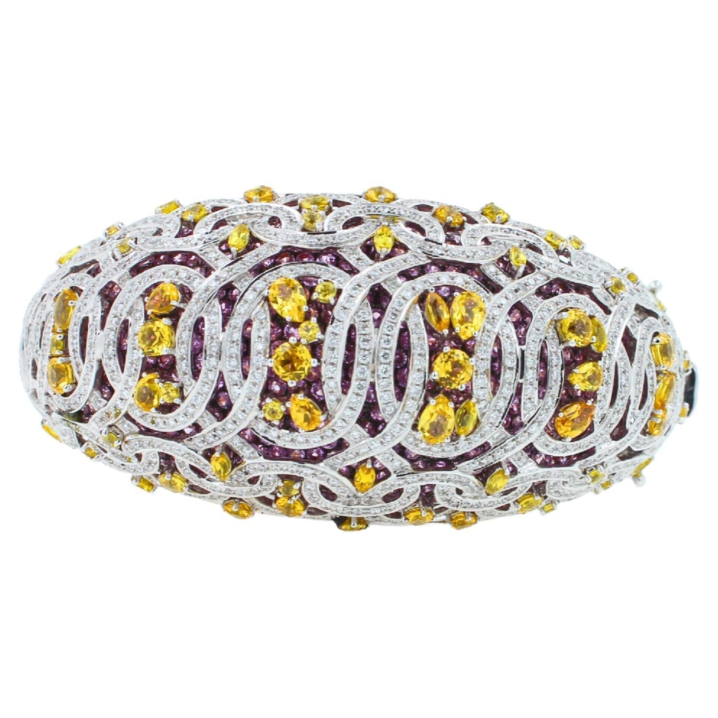 Chunky Unique Yellow &amp; Pink Sapphire Pave Diamond 18k White Rose Bangle Bracelet