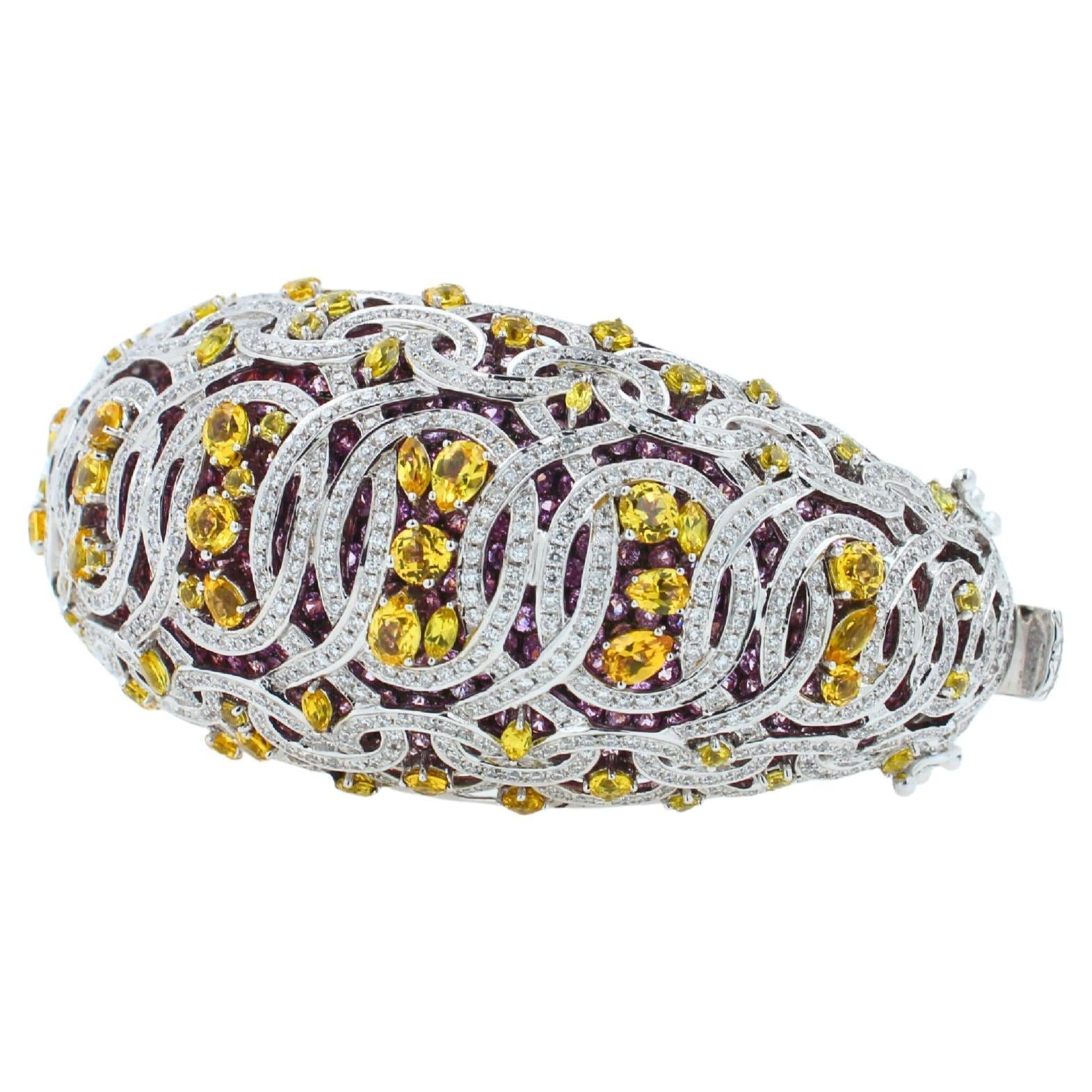 Chunky Unique Yellow &amp; Pink Sapphire Pave Diamond 18k White Rose Bangle Bracelet