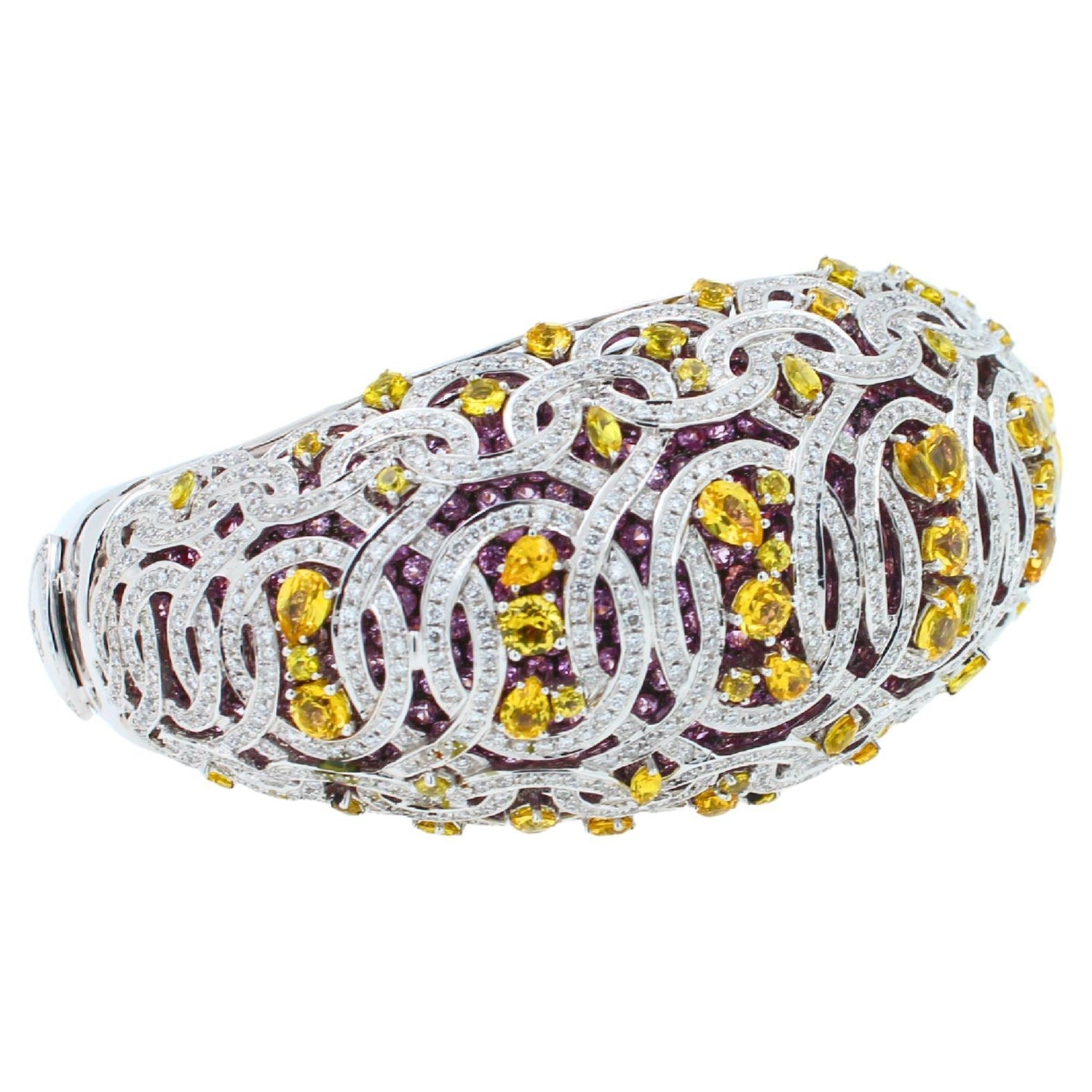 Chunky Unique Yellow &amp; Pink Sapphire Pave Diamond 18k White Rose Bangle Bracelet