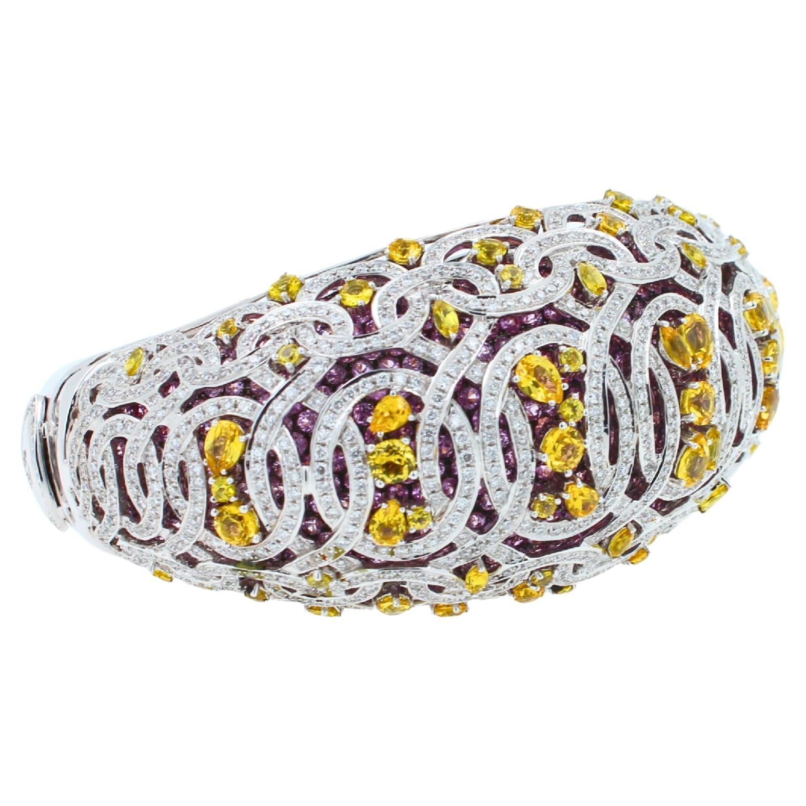 Chunky Unique Yellow &amp; Pink Sapphire Pave Diamond 18k White Rose Bangle Bracelet