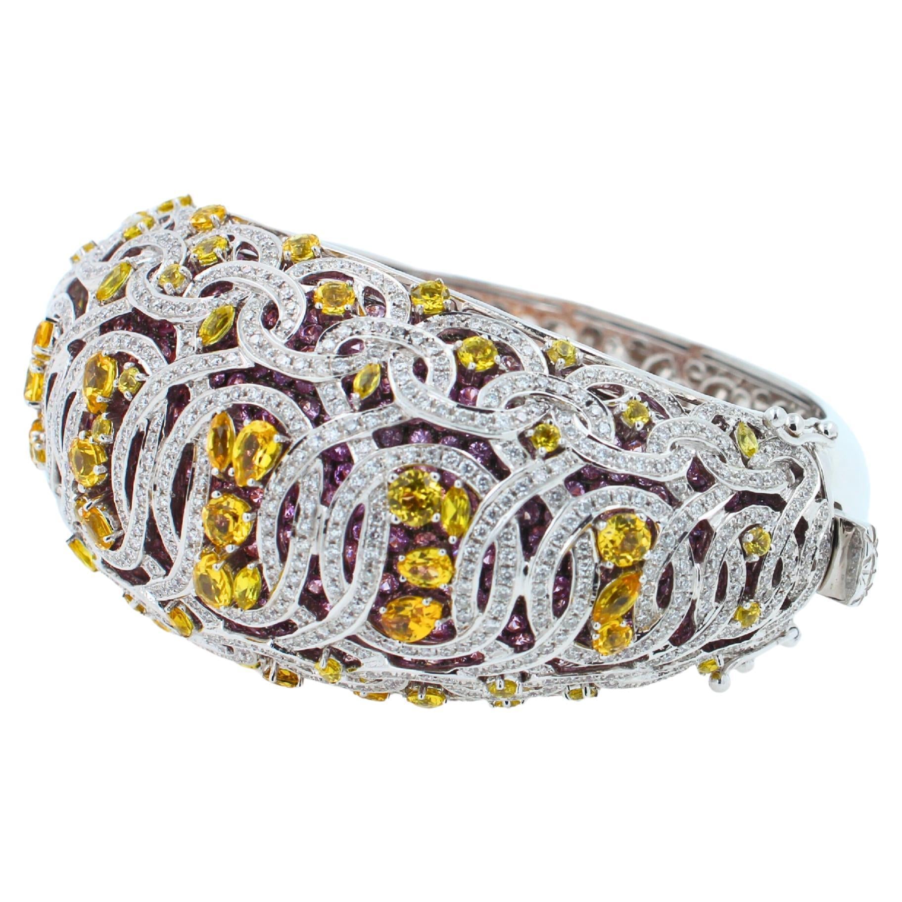Chunky Unique Yellow &amp; Pink Sapphire Pave Diamond 18k White Rose Bangle Bracelet