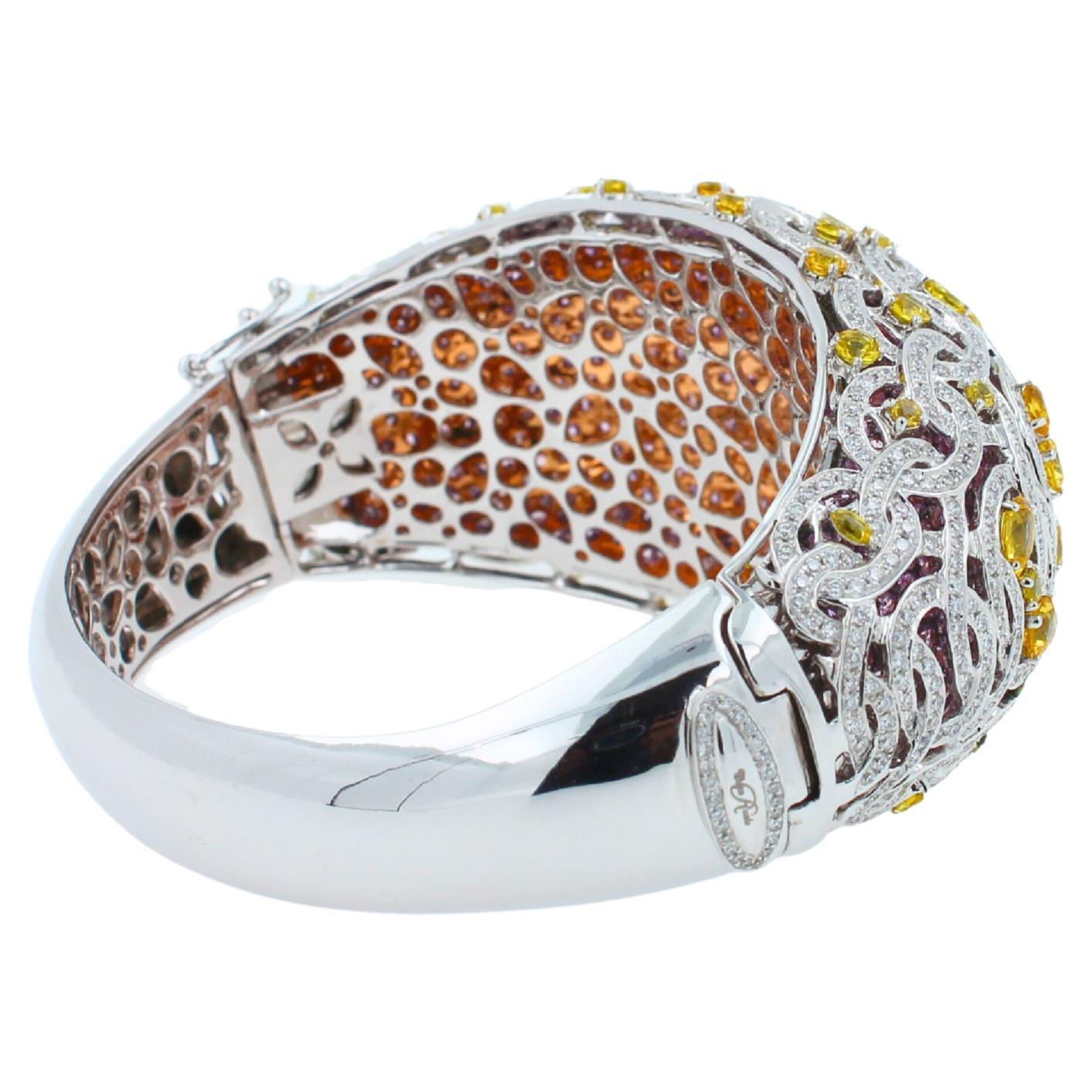 Chunky Unique Yellow &amp; Pink Sapphire Pave Diamond 18k White Rose Bangle Bracelet