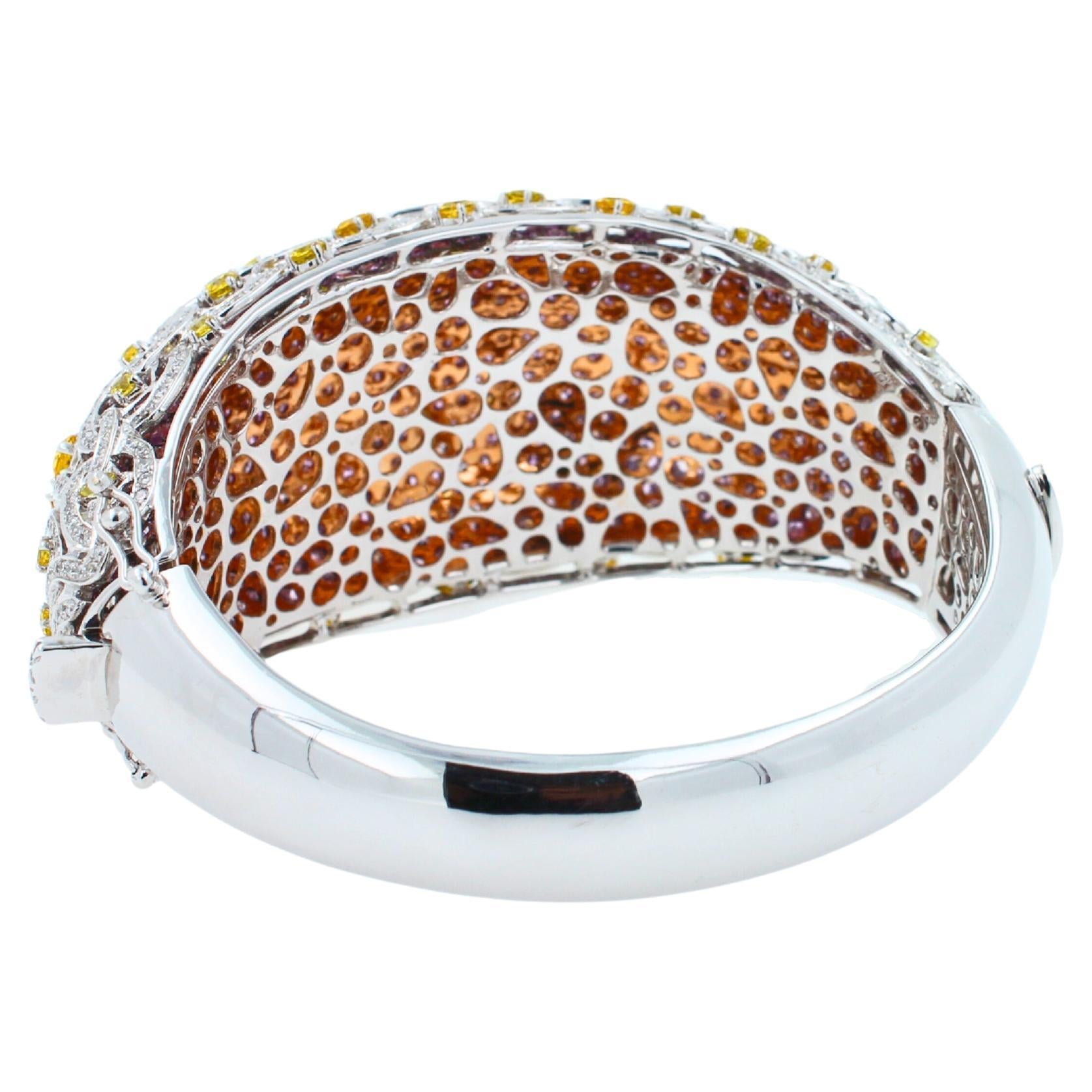 Chunky Unique Yellow &amp; Pink Sapphire Pave Diamond 18k White Rose Bangle Bracelet