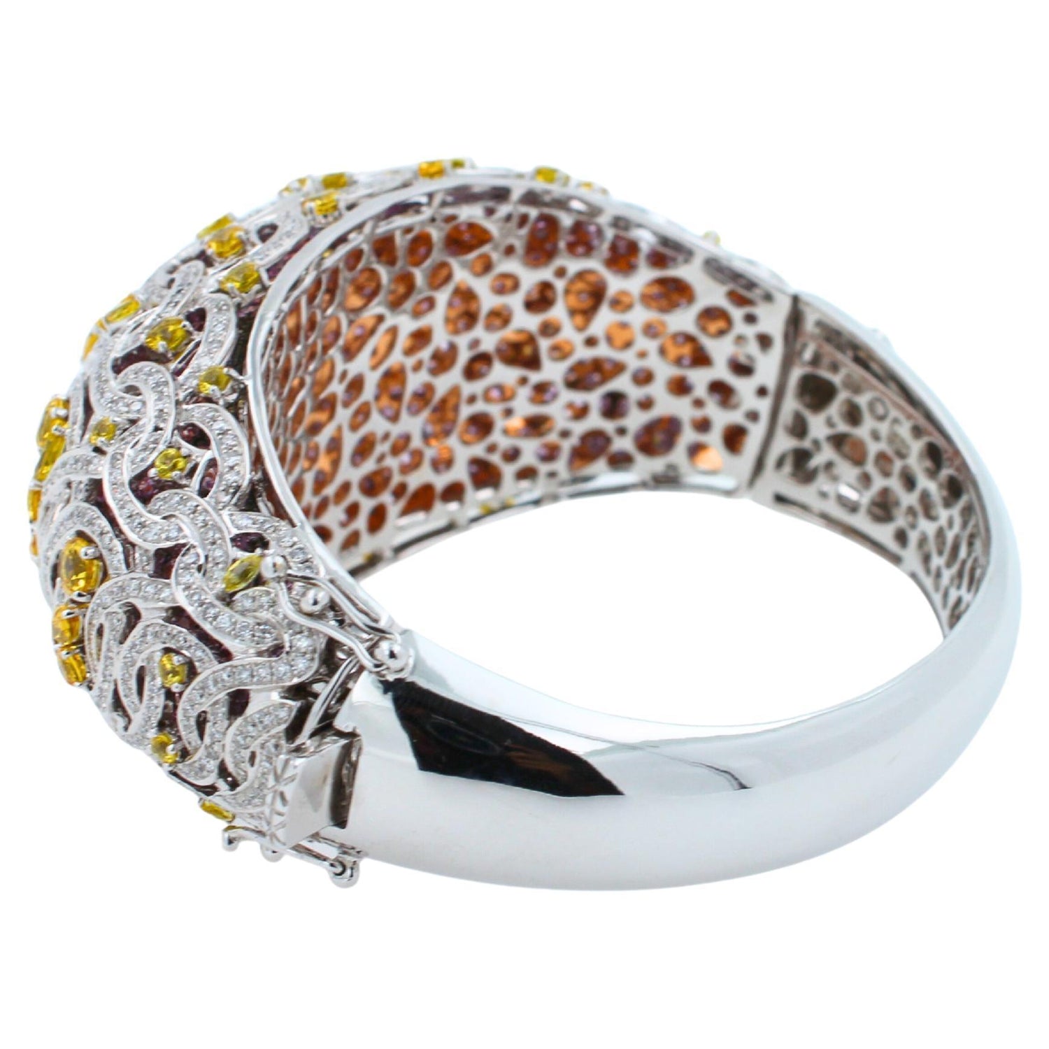 Chunky Unique Yellow &amp; Pink Sapphire Pave Diamond 18k White Rose Bangle Bracelet