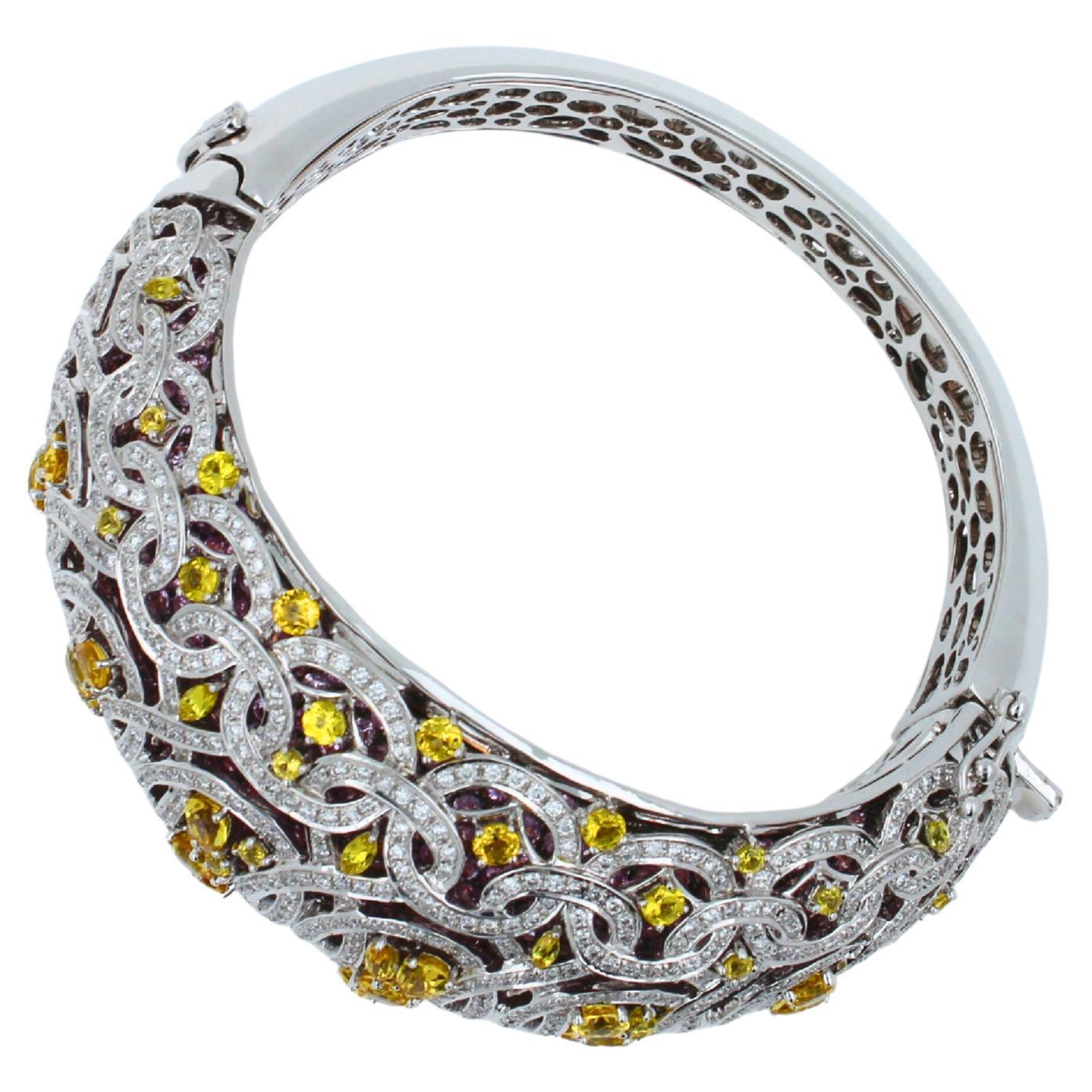 Chunky Unique Yellow &amp; Pink Sapphire Pave Diamond 18k White Rose Bangle Bracelet