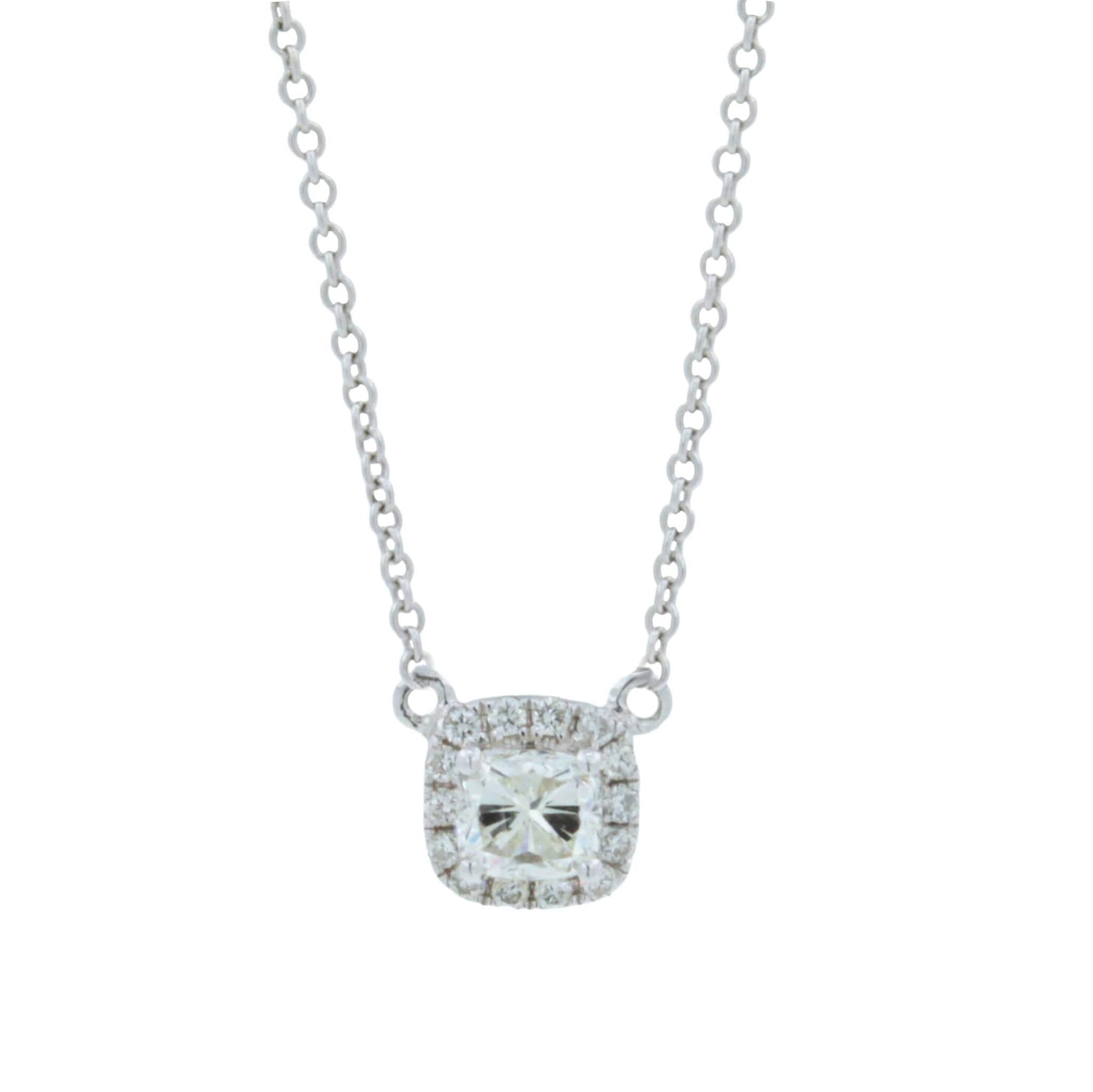 Classic Halo Pave Set Cushion Shape Cut Diamond Dainty Chain 18 Karat White Gold
