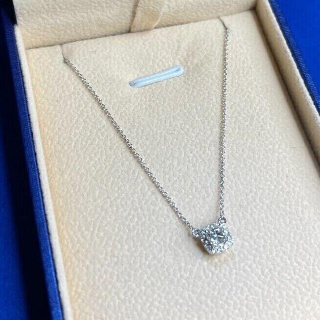 Classic Halo Pave Set Cushion Shape Cut Diamond Dainty Chain 18 Karat White Gold