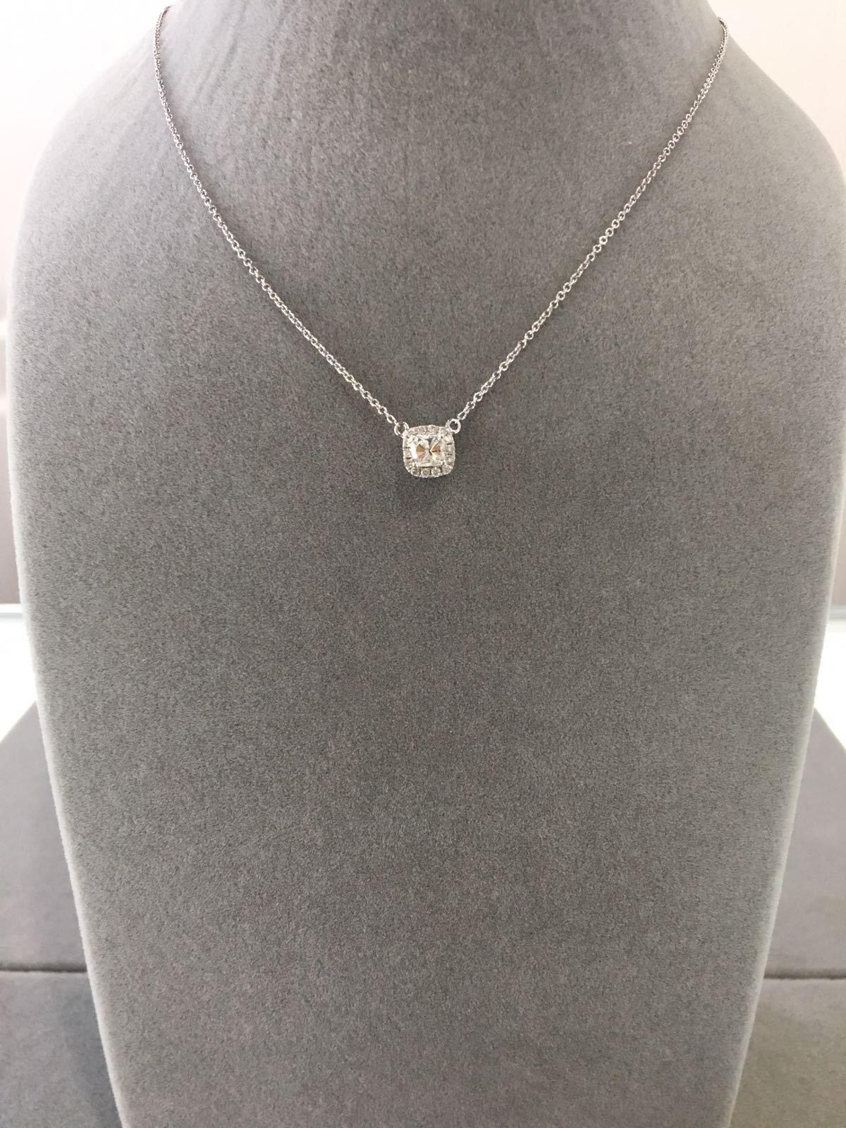 Classic Halo Pave Set Cushion Shape Cut Diamond Dainty Chain 18 Karat White Gold