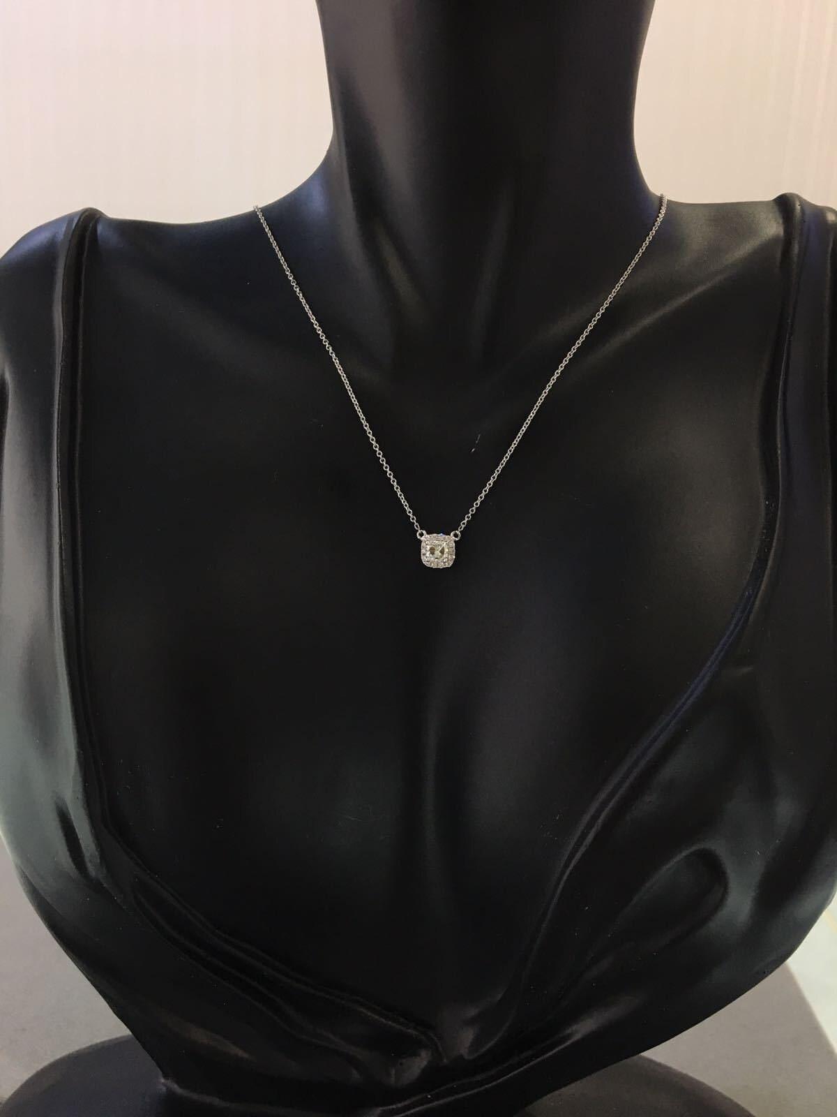 Classic Halo Pave Set Cushion Shape Cut Diamond Dainty Chain 18 Karat White Gold