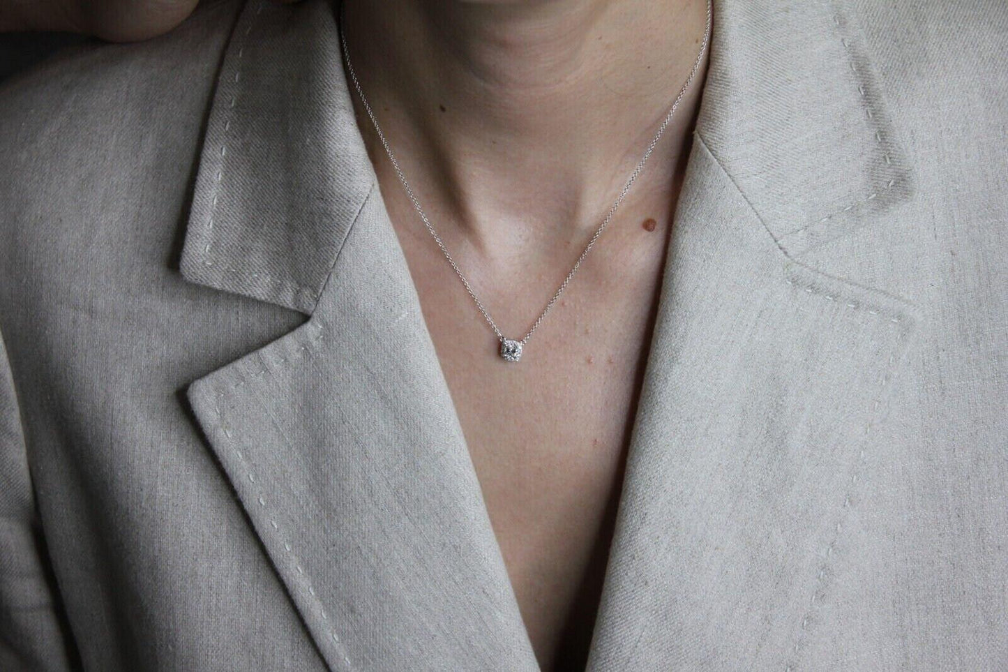 classic halo pave set cushion shape cut diamond dainty chain 18 karat white gold