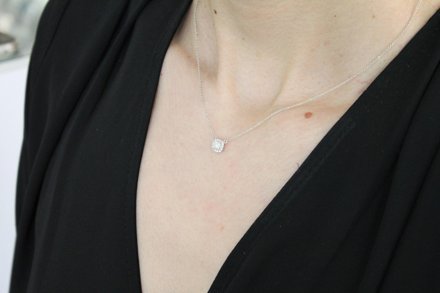 classic halo pave set cushion shape cut diamond dainty chain 18 karat white gold