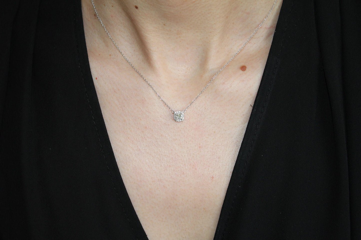 classic halo pave set cushion shape cut diamond dainty chain 18 karat white gold