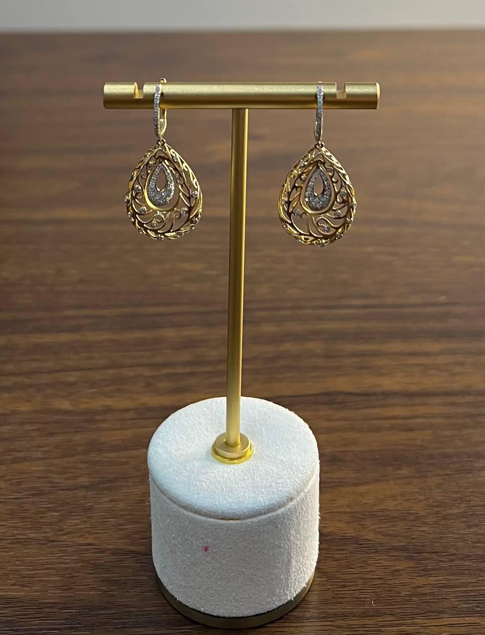 Diamond Nature Inspired Branch Scroll Motif Pave Set 14K Yellow Gold Earrings