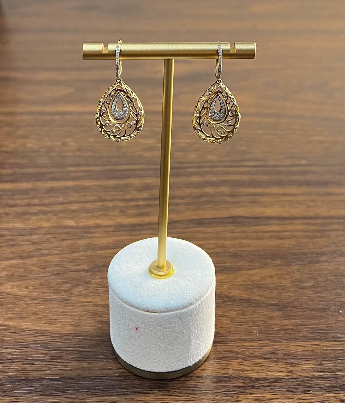 Diamond Nature Inspired Branch Scroll Motif Pave Set 14K Yellow Gold Earrings