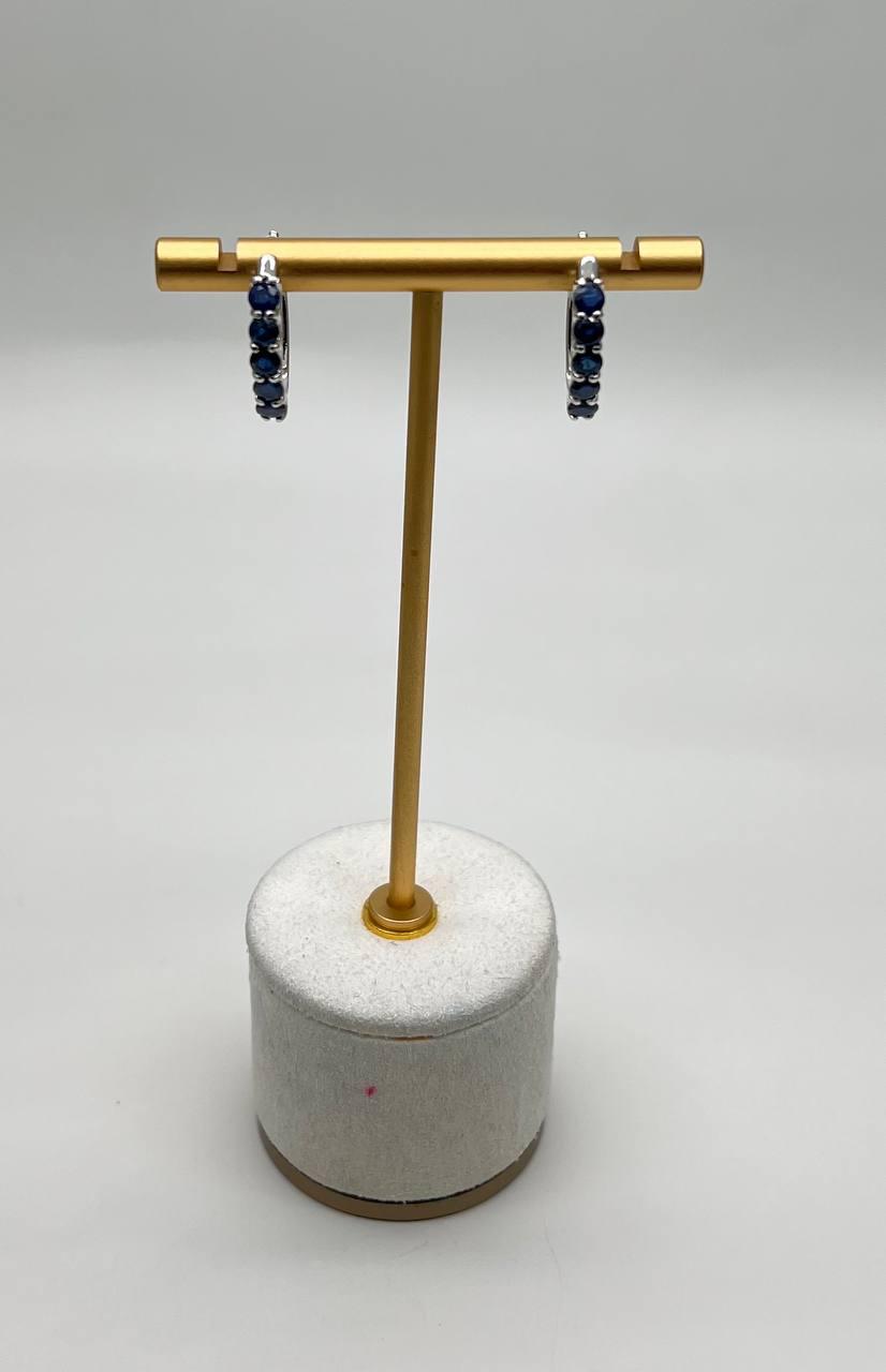 Round Blue Sapphire 14K White Gold Statement Small Huggie Hoops Earrings