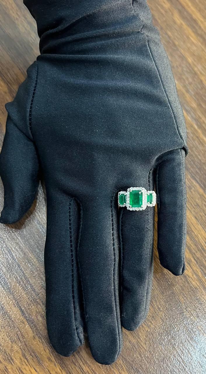 Three Stone Green Emerald &amp; Diamond Halo 14K White Gold Classic Statement Ring