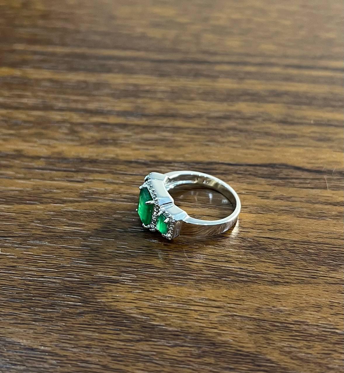 three stone green emerald & diamond halo 14k white gold classic statement ring