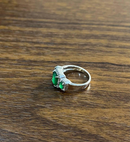 Three Stone Green Emerald & Diamond Halo 14K White Gold Classic Statement Ring