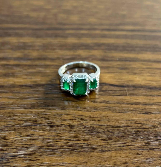 Three Stone Green Emerald & Diamond Halo 14K White Gold Classic Statement Ring