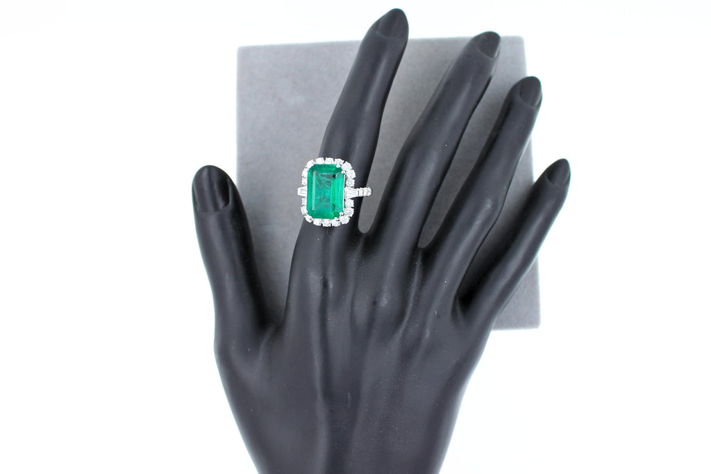 Green Emerald Octagon Cut Rectangle Diamond Halo Baguette 18K White Gold Ring
