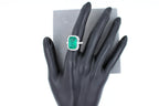 Green Emerald Octagon Cut Rectangle Diamond Halo Baguette 18K White Gold Ring