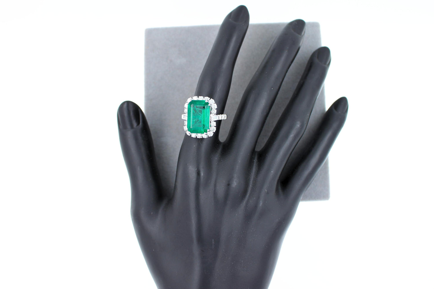 Green Emerald Octagon Cut Rectangle Diamond Halo Baguette 18K White Gold Ring