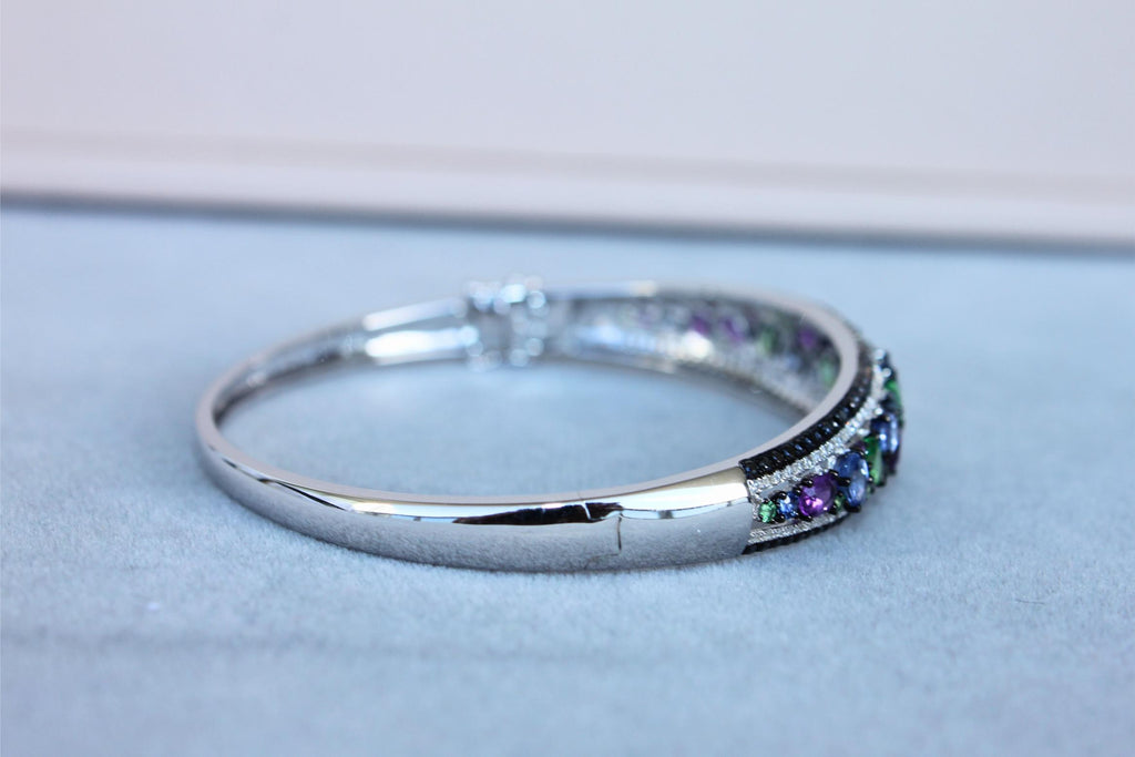Diamonds Multi Fancy Shape Multi Color Gemstones 14K White Gold Bangle Bracelet