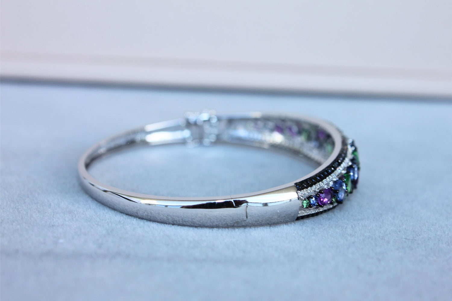 Diamonds Multi Fancy Shape Multi Color Gemstones 14K White Gold Bangle Bracelet