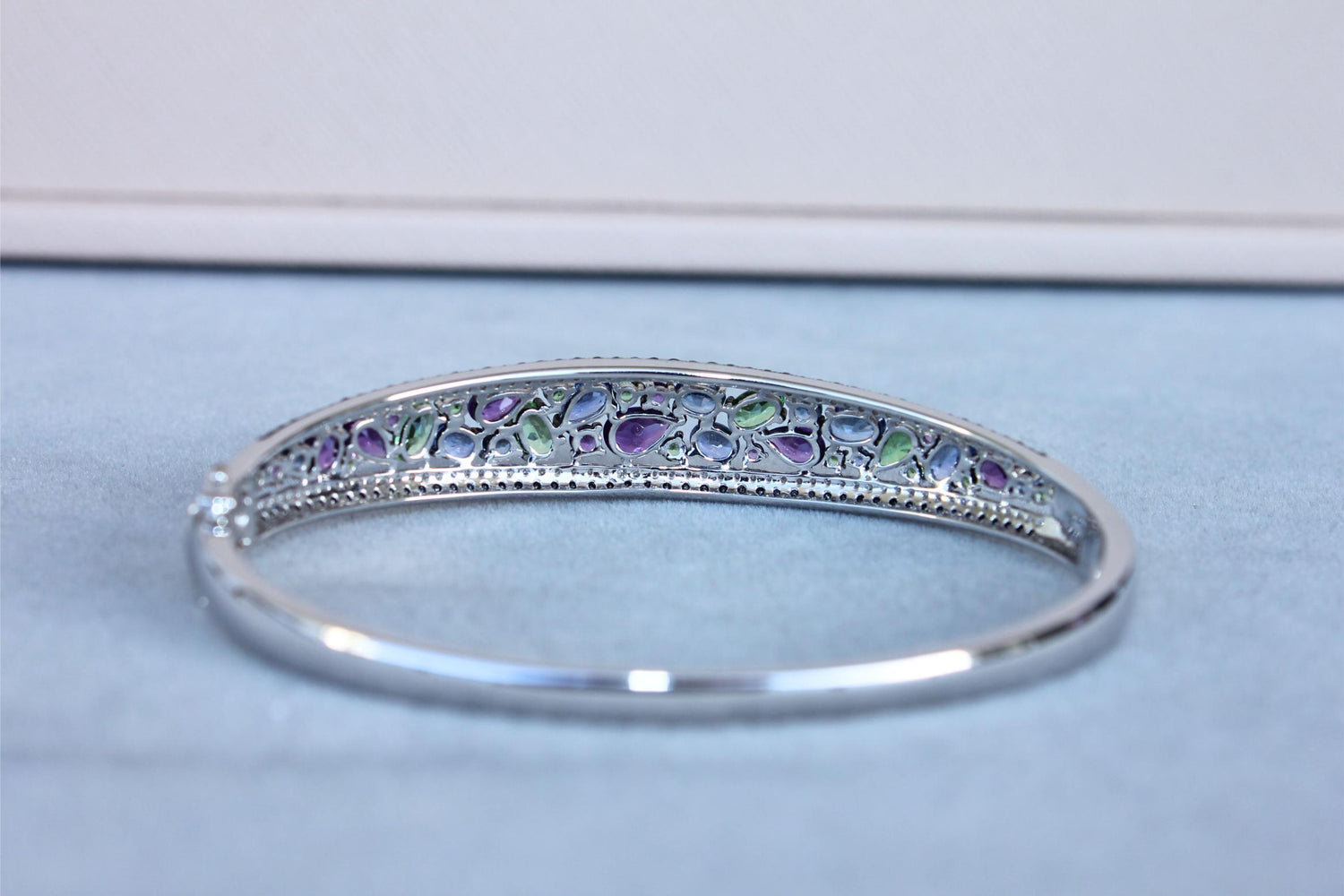 Diamonds Multi Fancy Shape Multi Color Gemstones 14K White Gold Bangle Bracelet