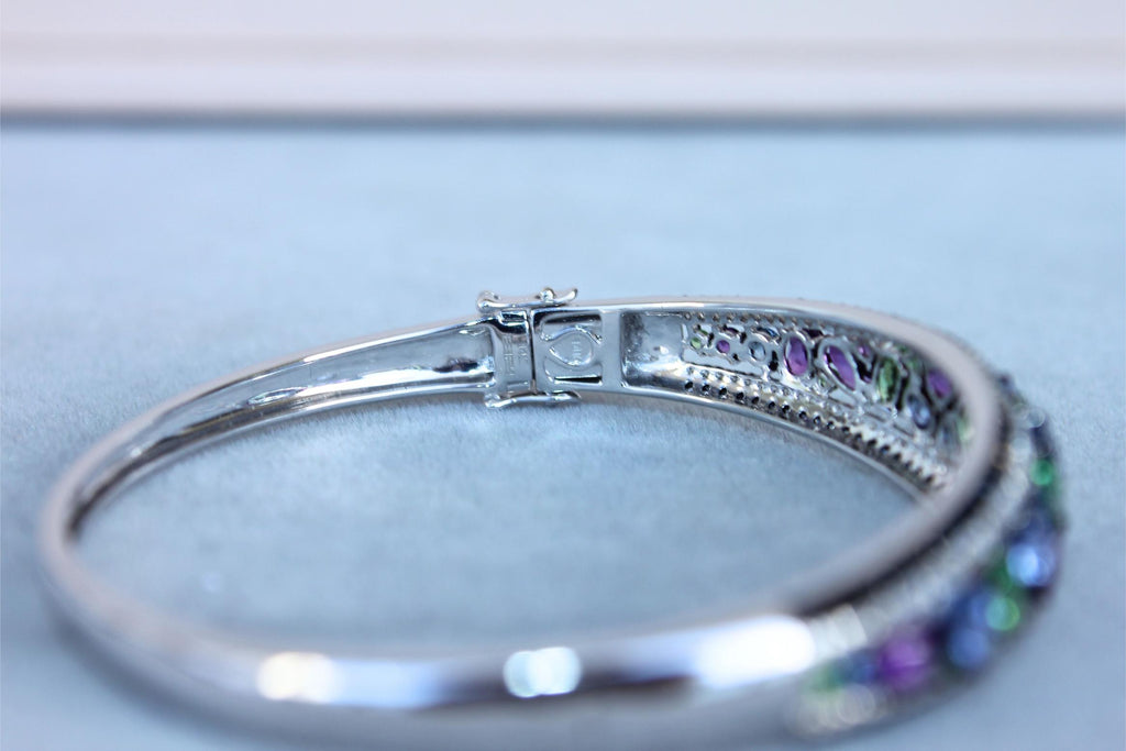 Diamonds Multi Fancy Shape Multi Color Gemstones 14K White Gold Bangle Bracelet