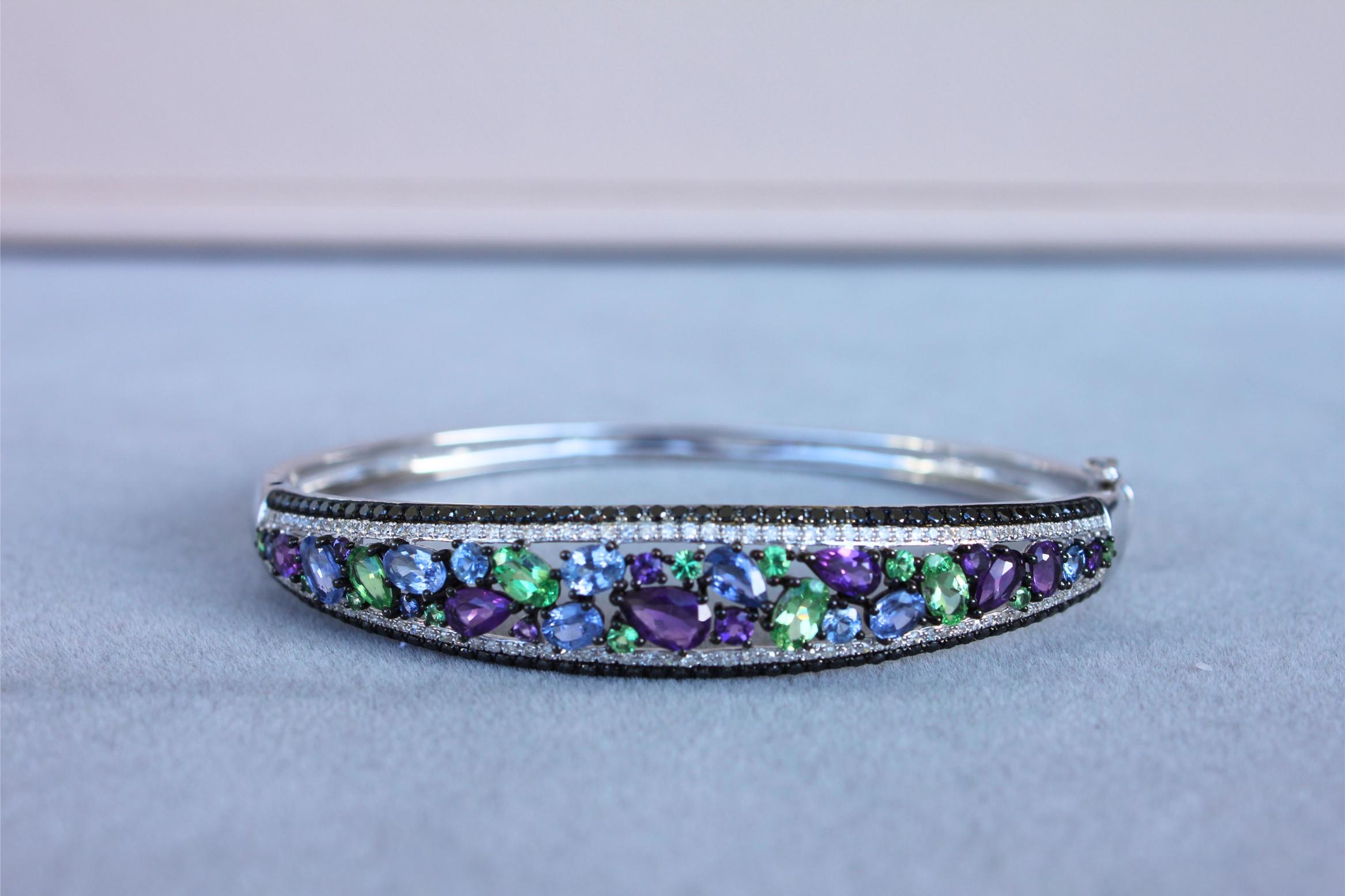 Diamonds Multi Fancy Shape Multi Color Gemstones 14K White Gold Bangle Bracelet