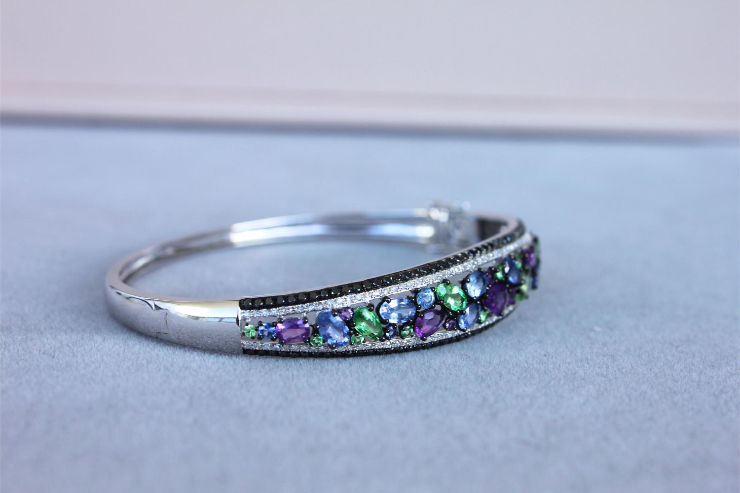 Diamonds Multi Fancy Shape Multi Color Gemstones 14K White Gold Bangle Bracelet