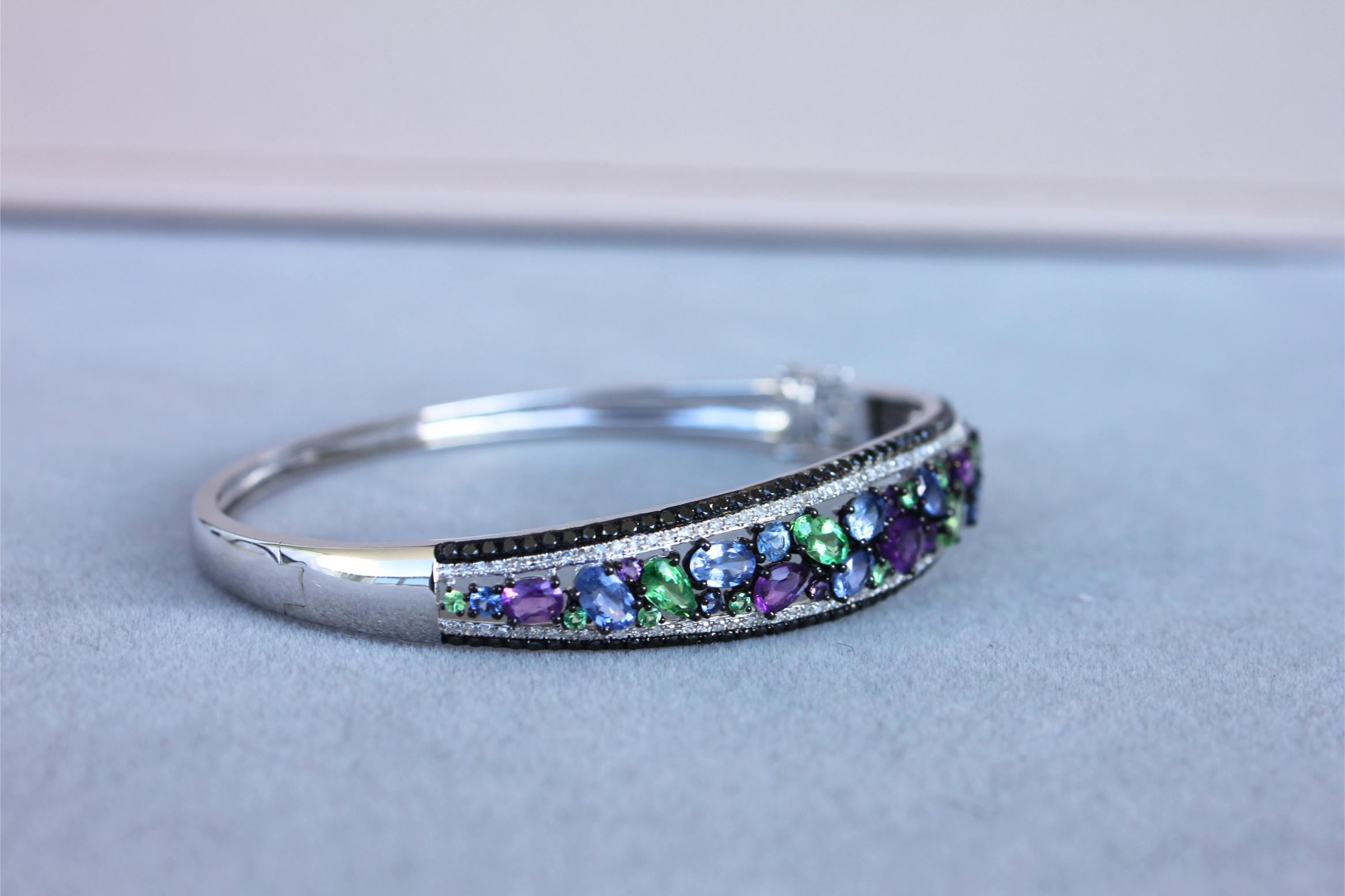 Diamonds Multi Fancy Shape Multi Color Gemstones 14K White Gold Bangle Bracelet