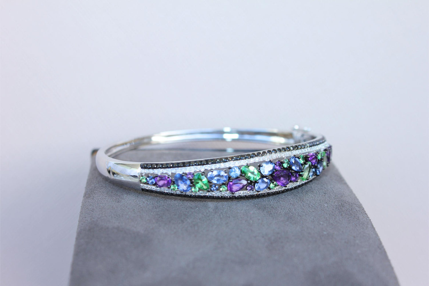 Diamonds Multi Fancy Shape Multi Color Gemstones 14K White Gold Bangle Bracelet