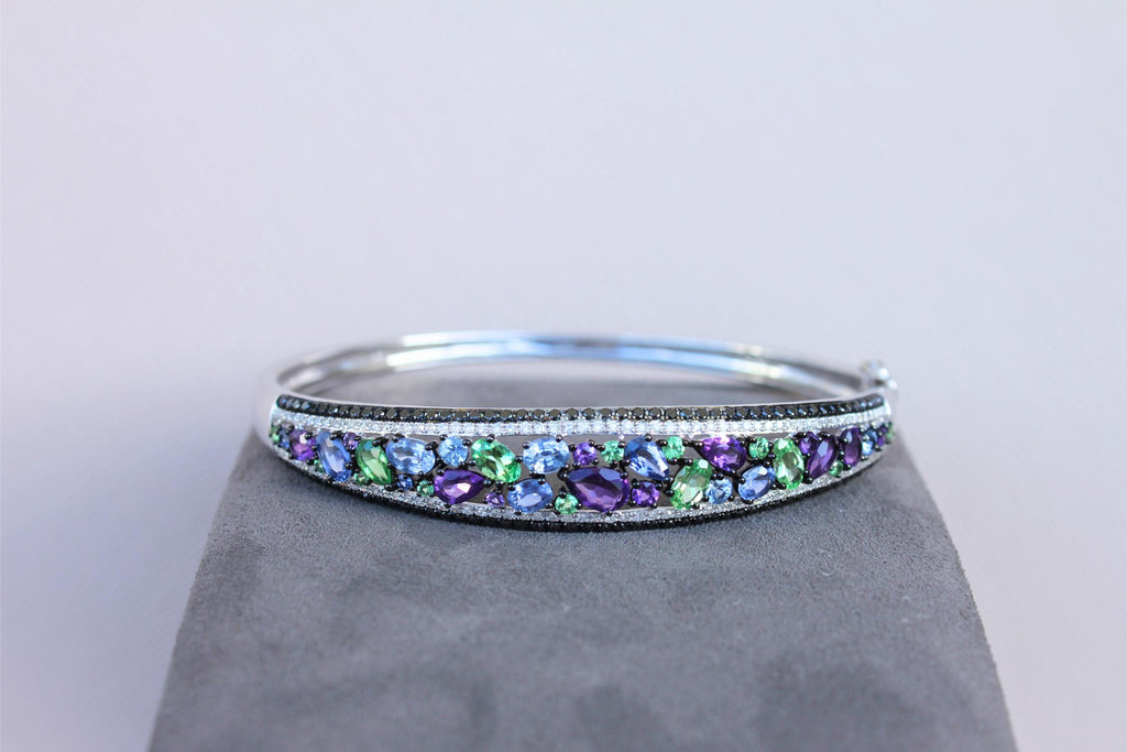 Diamonds Multi Fancy Shape Multi Color Gemstones 14K White Gold Bangle Bracelet