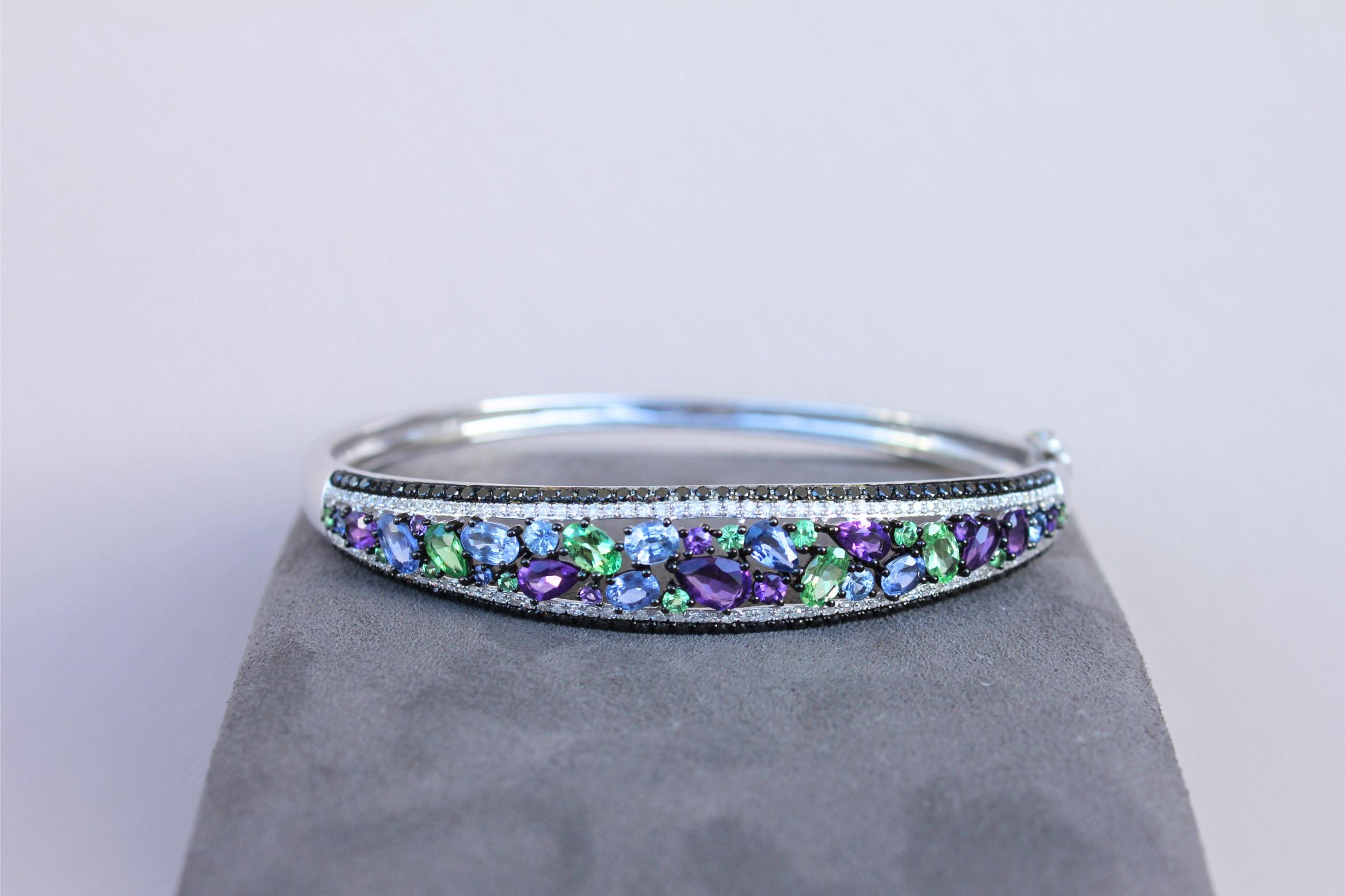 Diamonds Multi Fancy Shape Multi Color Gemstones 14K White Gold Bangle Bracelet