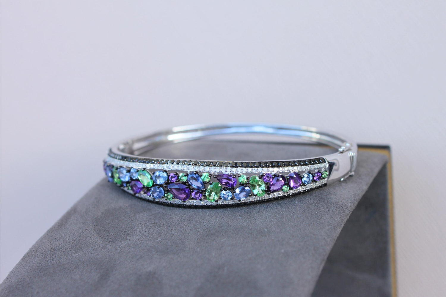 Diamonds Multi Fancy Shape Multi Color Gemstones 14K White Gold Bangle Bracelet