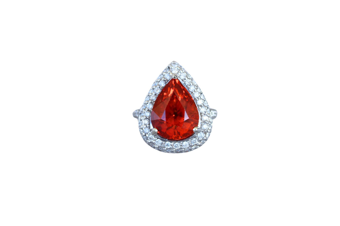 Mandarin Garnet Spessartine Pear Drop Shape Diamond Halo Pave White Gold Ring