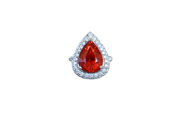 Mandarin Garnet Spessartine Pear Drop Shape Diamond Halo Pave White Gold Ring