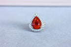 Mandarin Garnet Spessartine Pear Drop Shape Diamond Halo Pave White Gold Ring