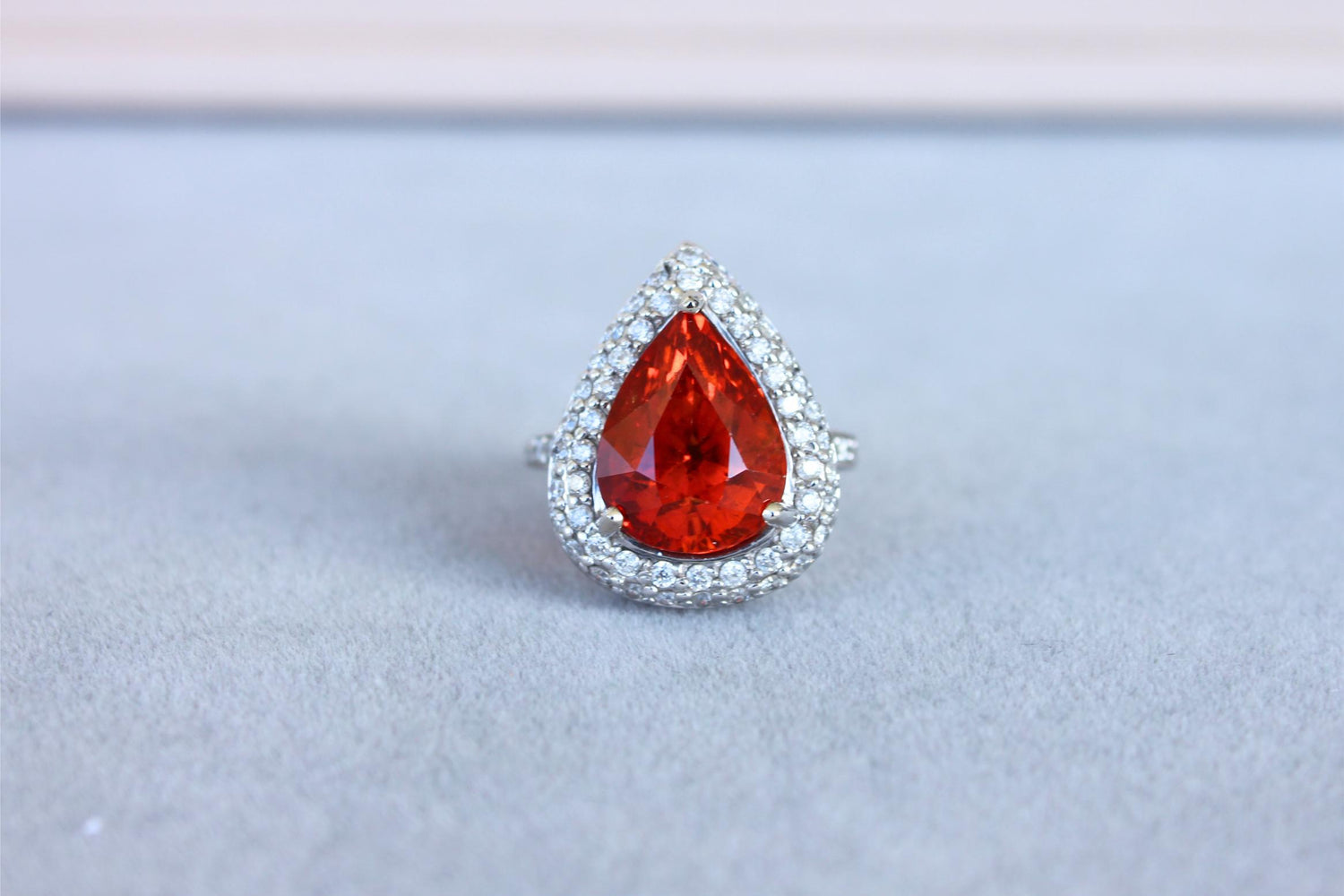 Mandarin Garnet Spessartine Pear Drop Shape Diamond Halo Pave White Gold Ring