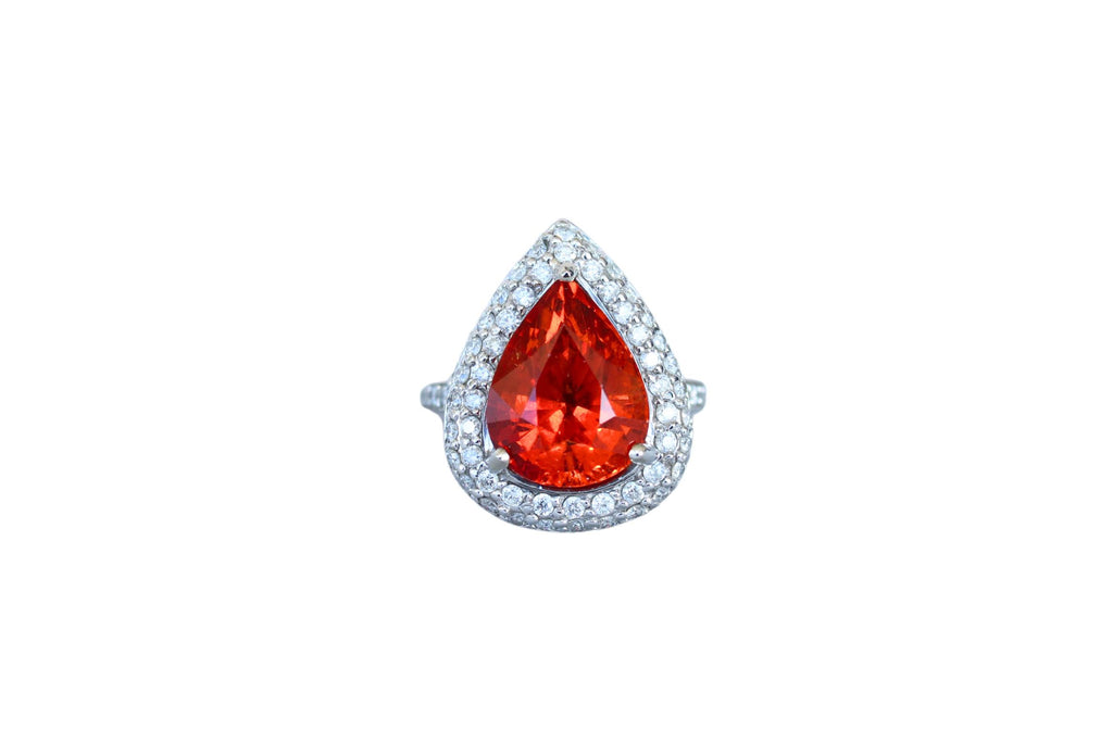 Mandarin Garnet Spessartine Pear Drop Shape Diamond Halo Pave White Gold Ring
