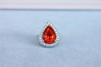 Mandarin Garnet Spessartine Pear Drop Shape Diamond Halo Pave White Gold Ring
