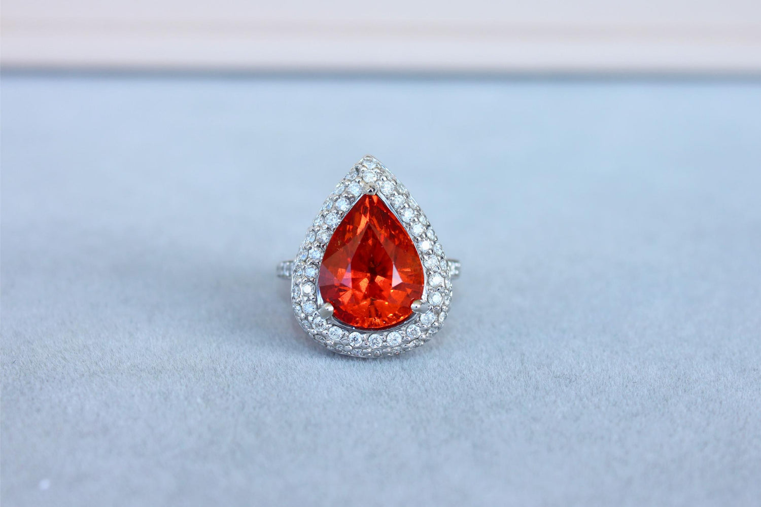Mandarin Garnet Spessartine Pear Drop Shape Diamond Halo Pave White Gold Ring