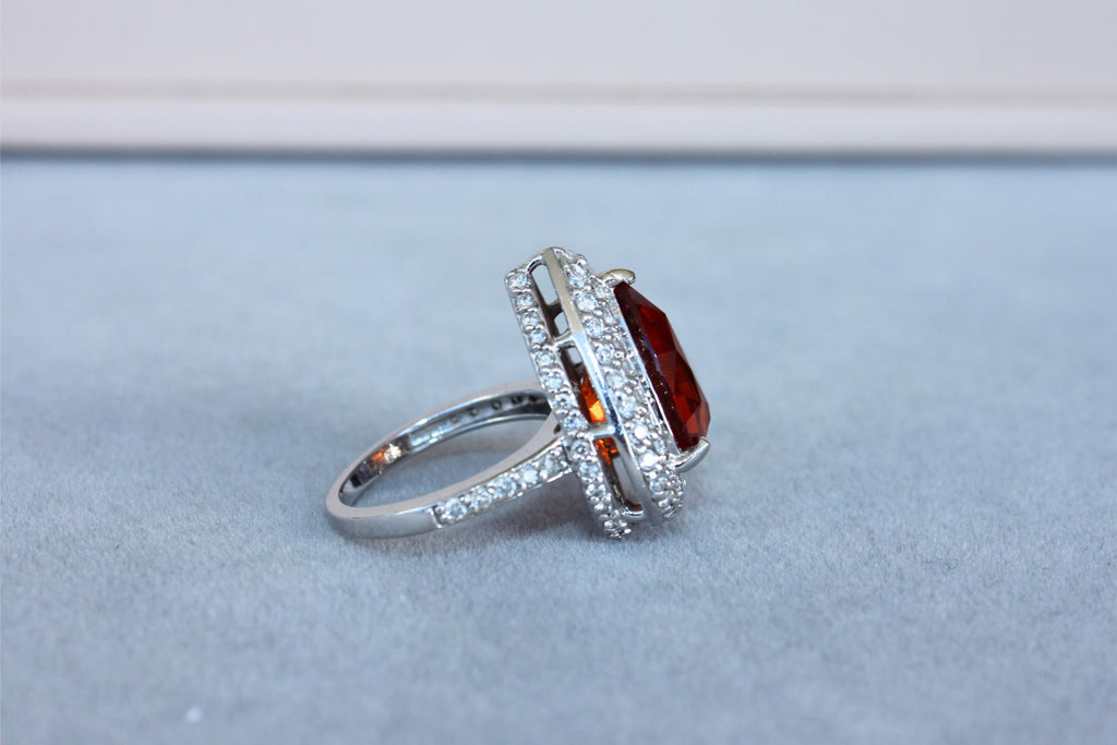 Mandarin Garnet Spessartine Pear Drop Shape Diamond Halo Pave White Gold Ring