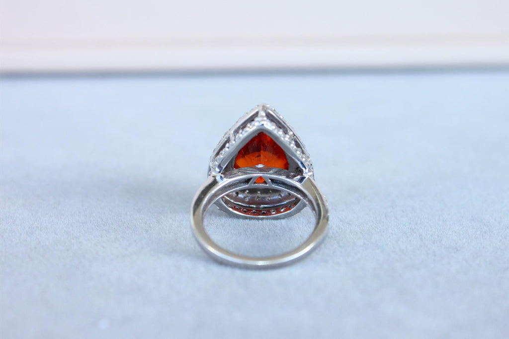 Mandarin Garnet Spessartine Pear Drop Shape Diamond Halo Pave White Gold Ring