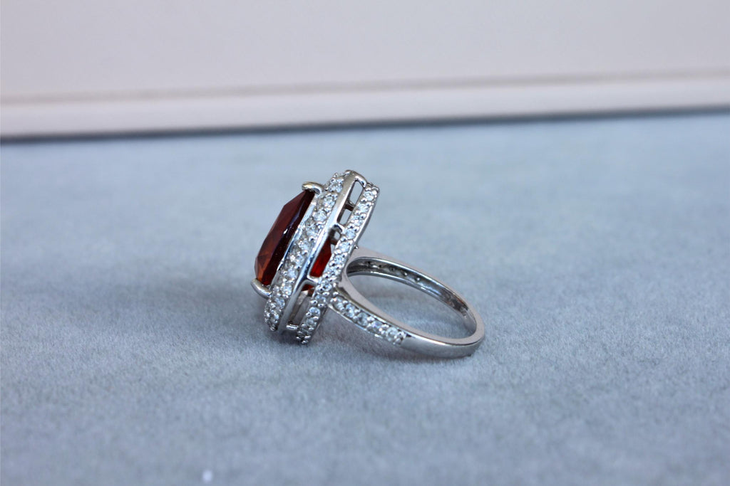 Mandarin Garnet Spessartine Pear Drop Shape Diamond Halo Pave White Gold Ring