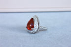 Mandarin Garnet Spessartine Pear Drop Shape Diamond Halo Pave White Gold Ring
